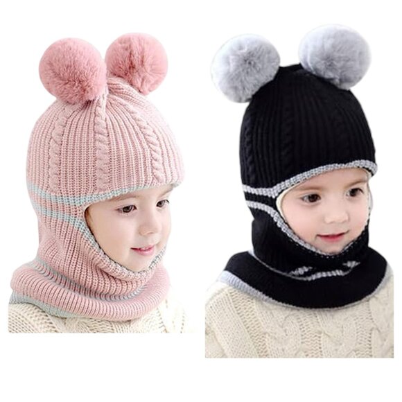 2 Piece Toddlers Black Pink Kids Winter Velvet Knit Beanie Cap 1-5 Years Old - Picture 1 of 9